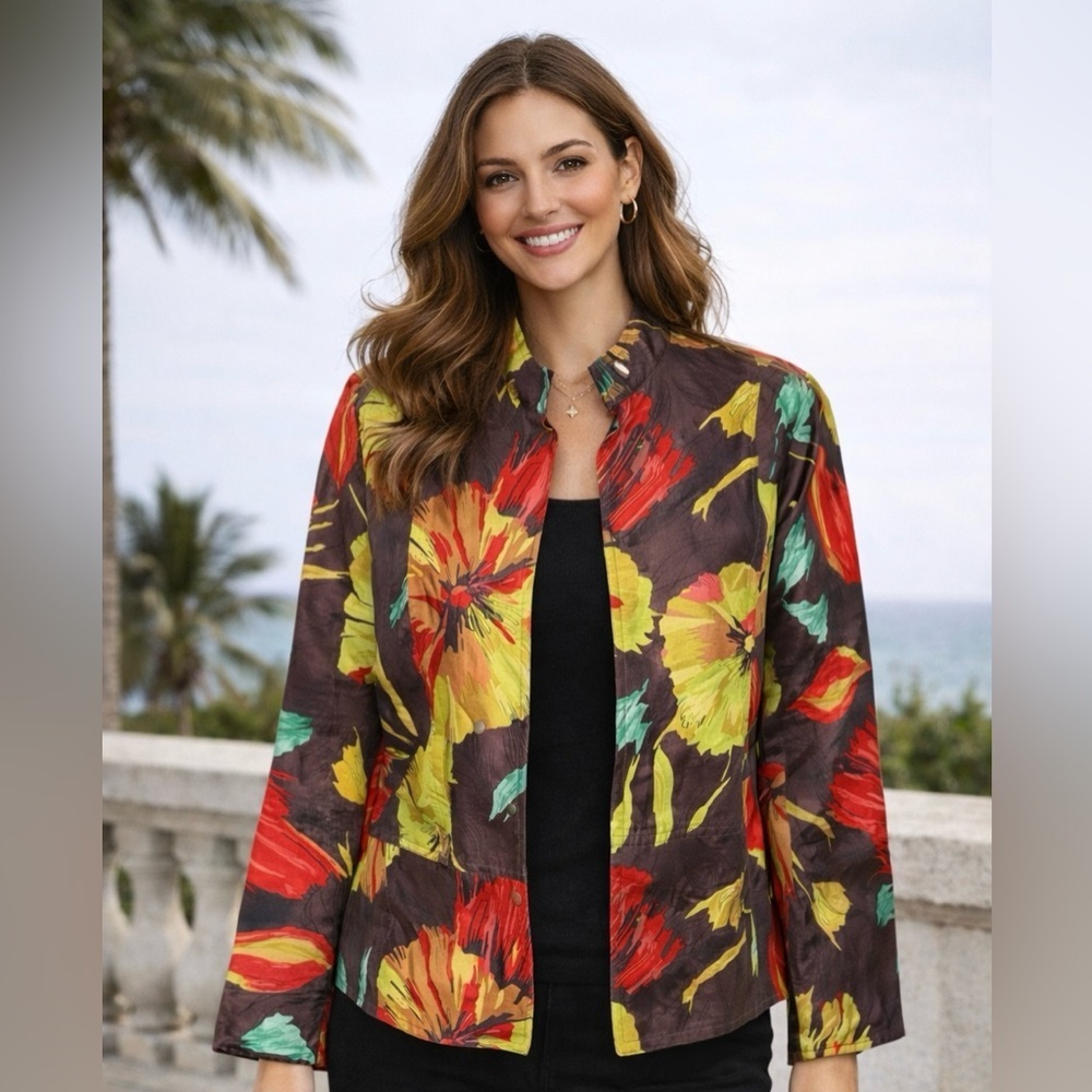 COLDWATER CREEK Open Front Floral Jacket Blazer Silk Unlined Work Womens Size LP